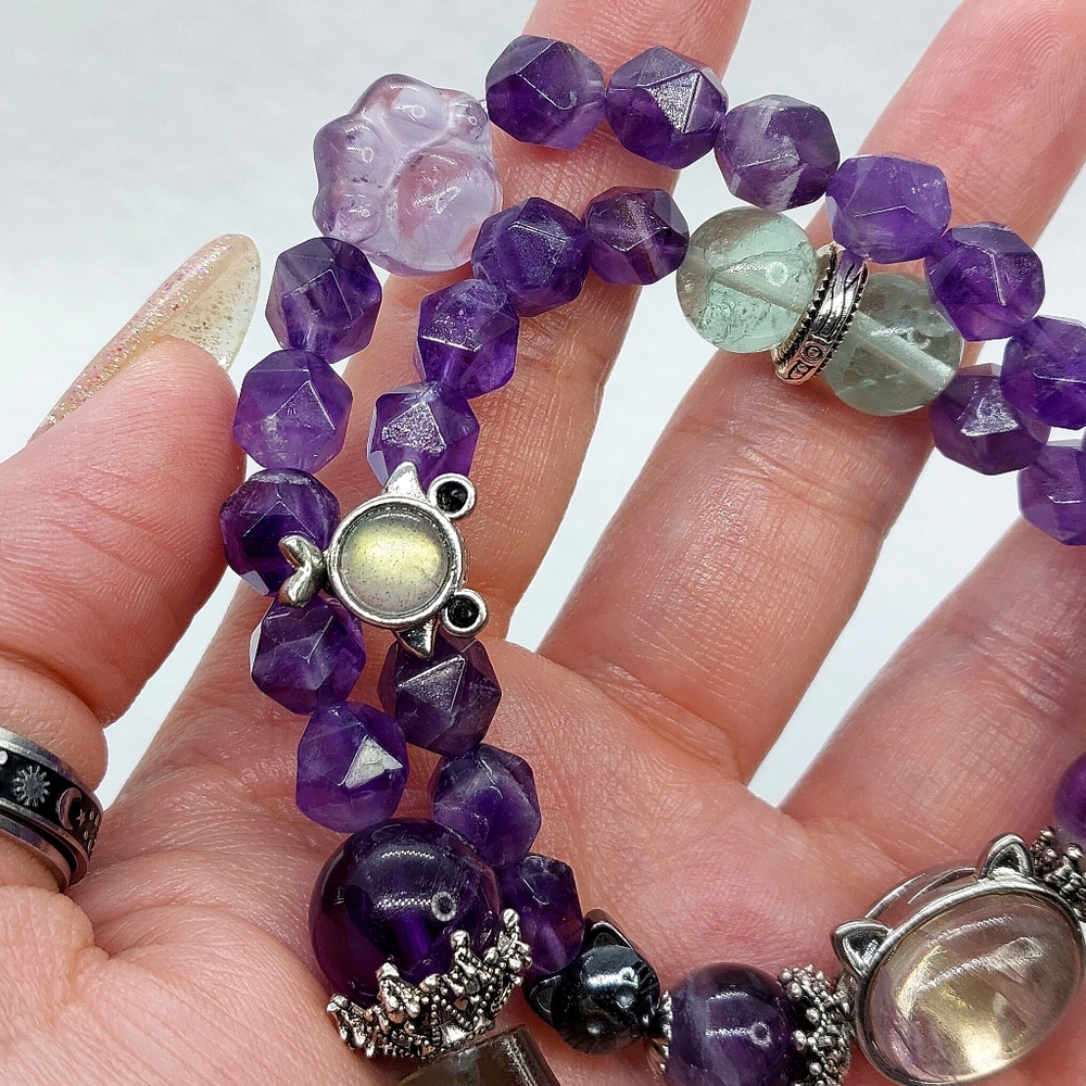 🐱 Fluorite "Kitty" Double Wrap Faceted Amethyst 1/2 Hard Bangle Bracelet - Picture 5 of 6